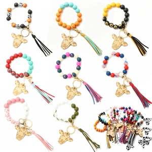 Western style cow head silicone bead bracelet keychain with leather tassel and wood pendant