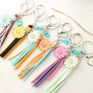 Bohemian sunflower tassel keychain with turquoise beads and metal lobster clasp