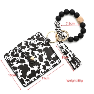 Western cow print silicone bead keychain wallet set with wristlet and leather tassel charm
