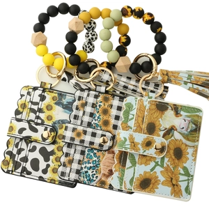 Silicone bead wristlet keychain with cow print and sunflower PU leather card holder set