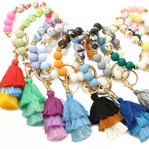 Bohemian silicone bead keychain bracelet with colorful tassels and leopard print beads