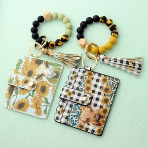 Silicone bead keychain wallet with western cow and sunflower patterns for women