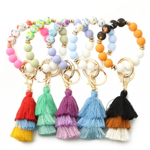 Bohemian Silicone Beaded Wristlet Keychain For Women Floral Print Round Bead Bracelet With Three Layer Tassel Pendant Key Ring