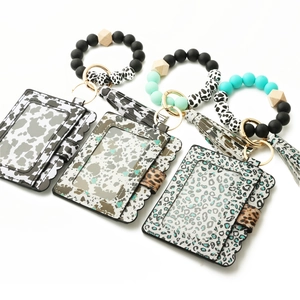Silicone bead keychain bracelet set with cow print and leopard pattern card holders