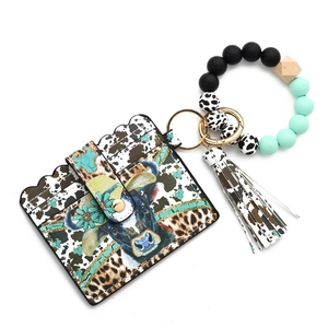 Porte-clés bracelet en perles silicone style Western avec étui à cartes motif floral vache