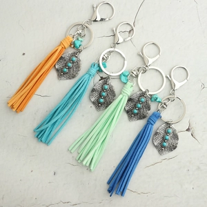 Bohemian leaf keychain set with colorful tassels and turquoise beads for women