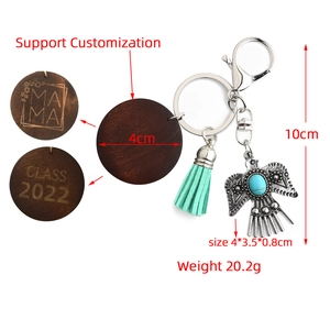 Bohemian western eagle keychain with turquoise, teal leather tassel and wood engrave