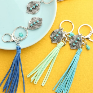 Bohemian Vintage Alloy Leaf Tassel Keychain For Women Ethnic Faux Suede Key Ring Bag Charm Turquoise Beaded Hanging Pendant