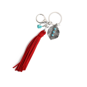 Bohemian keychain with long red suede tassel, silver leaf charm and turquoise beads