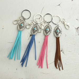 Bohemian rhombus turquoise keychains with colorful suede tassels in 4 assorted colors