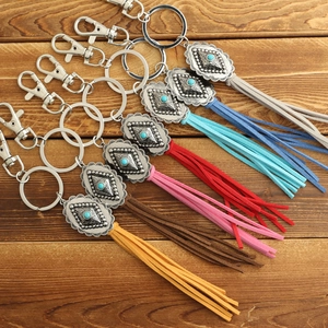 Bohemian rhombus alloy keychains with colorful suede tassels and turquoise accents