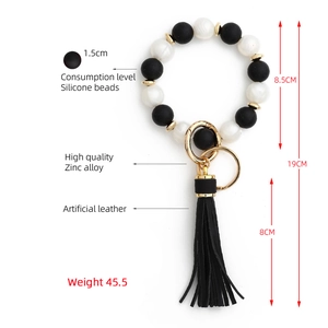Detailed view of silicone bead keychain with 8cm tassel and zinc alloy ring dimensions