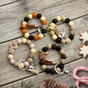 Porte-Clés Bracelet en Perles de Silicone Dessin Animé Avec Pendentif Animal Gland en Similicuir Fermoir Mousqueton en Alliage