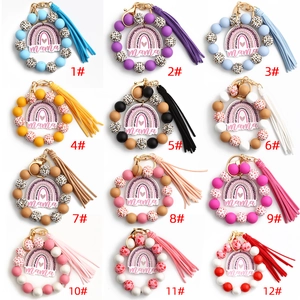 Portachiavi da Polso Boho con Perline Silicone Legno Bracciale con Nappine Pendente Arcobaleno MAMA Regalo Festa della Mamma Donna