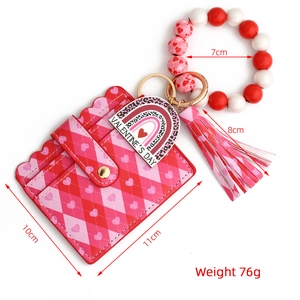 Valentine heart PU card holder with wood bead wristlet and tassel keychain set