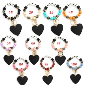 Silicone beaded MAMA keychains with leopard print accents and heart charms in 10 colors