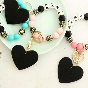 Silicone bead MAMA keychain wristlet with leopard print beads and heart charms