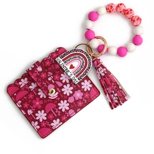 Pink floral PU leather card holder set with silicone beads, tassels and Valentine's charm
