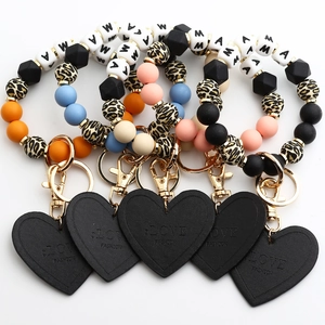 MAMA Leopard Print Silicone Bead Bracelet Keychain Heart PU Leather Pendant Gold Alloy Clasp Wristlet Strap Key Ring Women Gift