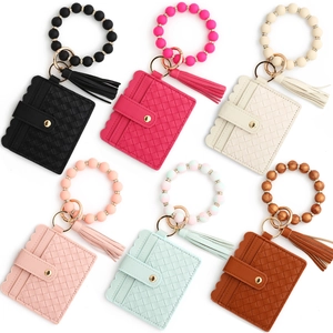 Woven PU Leather Card Holder Keychain Set Silicone Beaded Wristlet Bracelet With Rhinestone Tassel For Women Daily Use