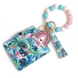 Tropical flamingo heart PU card holder with silicone bead bracelet and tassel keychain
