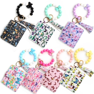 Ensemble de Porte-clés Porte-cartes en Cuir PU à Motif Papillon pour Femmes Bracelet de Poignet en Perles de Silicone Gland Cadeau