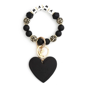 Fashionable leopard silicone bead MAMA bracelet keychain with gold heart charm and metal ring