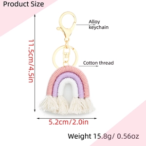 Handmade rainbow cotton woven keychain with pink and purple fringe and gold alloy ring