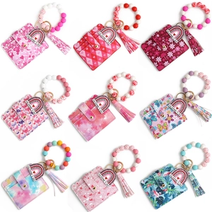 Valentine's Day Heart Printed PU Leather Card Holder Keychain Set Silicone Beaded Wristlet Tassel Wallet For Women