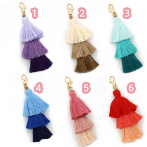 Bohemian multilayer cotton tassel keychain with gold lobster clasp in six gradient colors