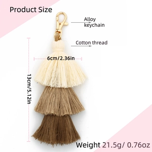 Handmade boho three-tier cotton tassel keychain in beige and brown with size annotations