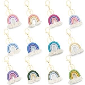 Handmade macrame rainbow keychain set with cotton tassels and gold metal clasps