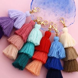 Handmade multi-layer cotton tassel keychains with gold lobster clasp in various colors