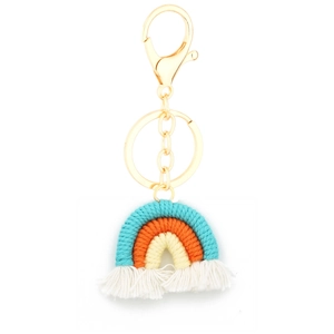Porte-clés arc-en-ciel fait main en coton tressé avec fermoir doré et franges