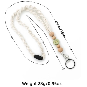 Handwoven daisy lanyard strap with wood beads and silver lobster clasp, 46cm long