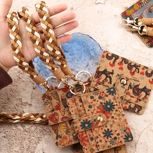 Women Vintage Printed PVC Coin Purse With Woven Wristlet Strap Bohemian Pattern Card Holder Key Ring Wallet For Daily Use
