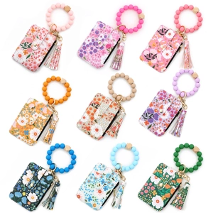 Porte-clés de Bracelet en Perles de Silicone pour Femmes avec Porte-cartes Floral Portefeuille Poche Zippée Gland