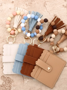 Silicone Bead Bracelet Card Holder With PU Tassel Keychain Women Fashion Wristlet Wallet Wave Edge ID Credit Card Pouch