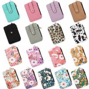 Women Printed PVC Zipper Card Holder Litchi Texture Multi-slot Coin Purse With Snap Button And D-Ring Floral Animal Print Wallet