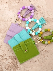 Silicone bead wristlet keychain with fringe tassel and scalloped leather card holder wallet