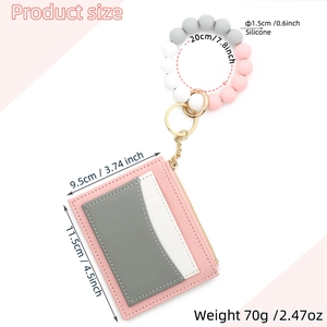 Detailed size specifications for pink card holder wallet and silicone bead wristlet keychain