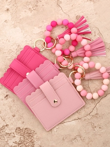 Pink silicone bead bracelet keychain wallet set with lychee faux leather and tassels