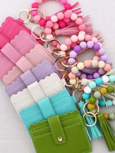 Colorful silicone bead bracelet keychain with PU leather card holder and fringe tassel charm