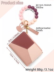Silicone bead wristlet keychain with geometric leather coin purse and tassel