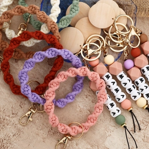Braided rope keychain with MAMA silicone beads and gold lobster clasp in Morandi tones