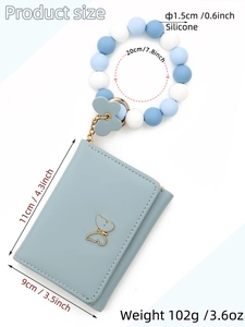 Detailed dimensions of blue leather wallet with butterfly decor and silicone bead wristlet