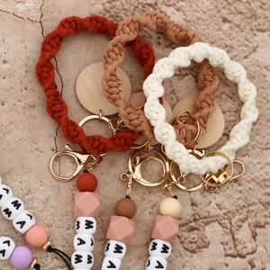 Boho woven wristlet keychain with MAMA silicone beads and gold lobster clasp