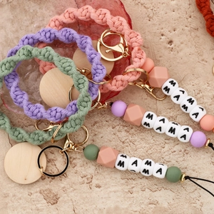 Bohemian Hand Woven Cotton Rope MAMA Letter Keychain Wristlet Silicone Wood Bead Pendant Key Ring Women Mother Day Gift