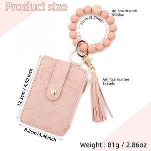Detailed dimension guide for pink silicone bead wristlet and woven texture card holder