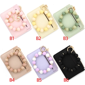 Silicone bead keychain bracelet set with PU leather card wallet in 6 assorted colors